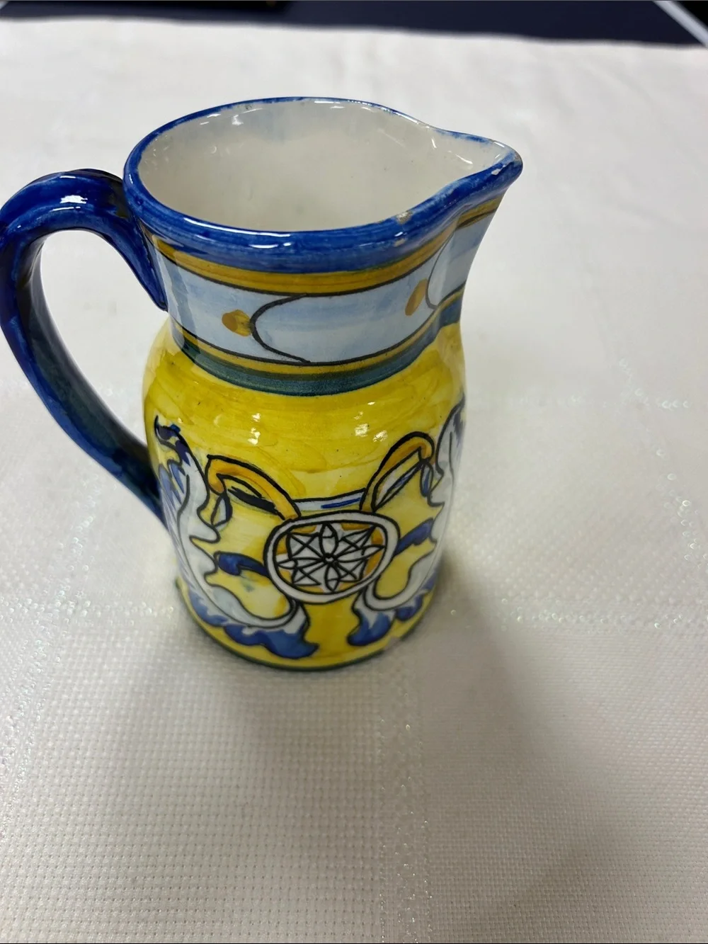 Hand-Painted Yellow and Blue Ceramic Pitcher - Decorative Home Art